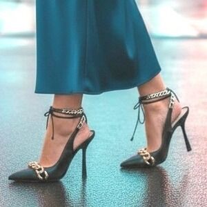 Schutz Cierra Black Leather Chain Lace Up Pointed Toe Stiletto Pumps Heels 7.5B
